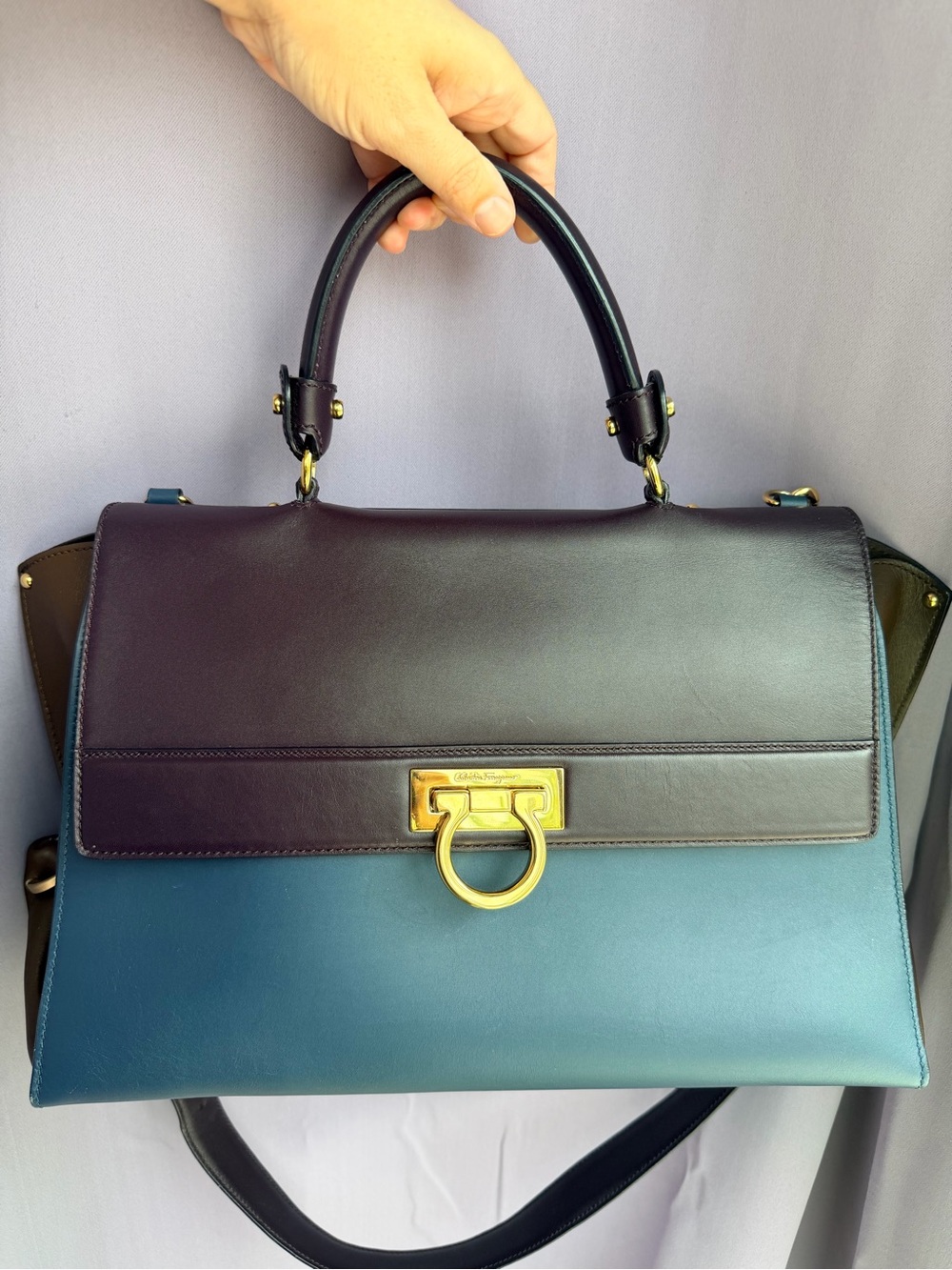 Salvatore Ferragamo Tricolor Blue Brown Leather Sofia Satchel and Shoulder Bag - Picture 8 of 16